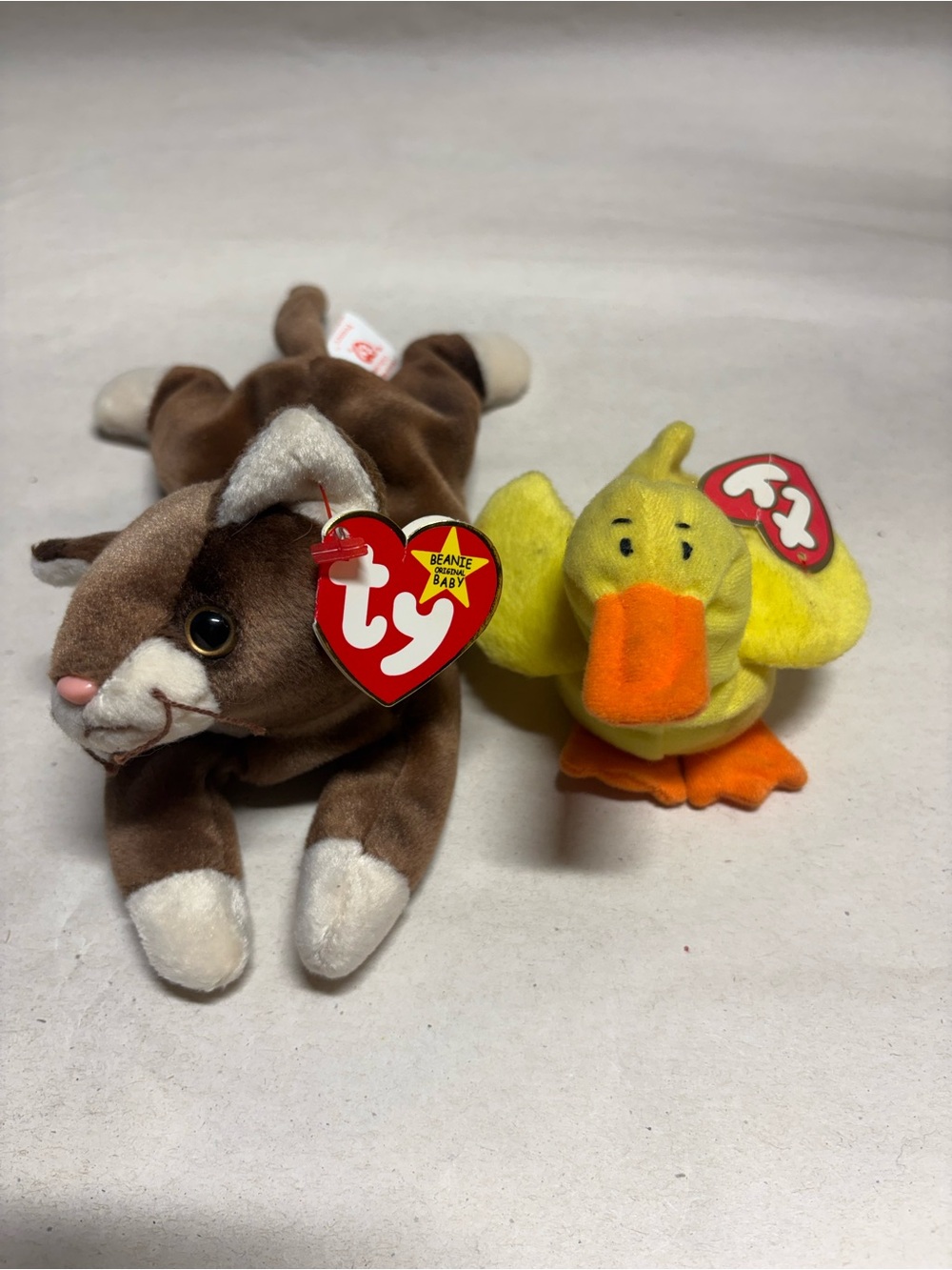 Ty Beanie Baby Brown Cat & Yellow Duck Plush Pair